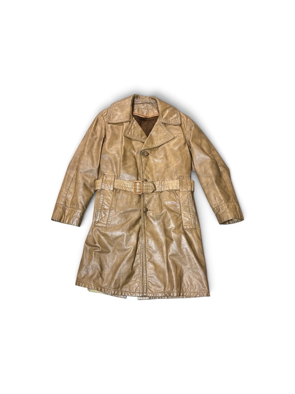 Vintage 1970s Brown Leather Belted Trench Coat Removable Lining Medium